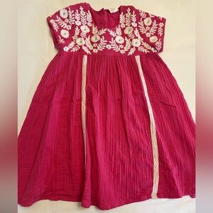 Masala Kids Hot Pink Embroidered Dress with White Flowers and Gold Accents